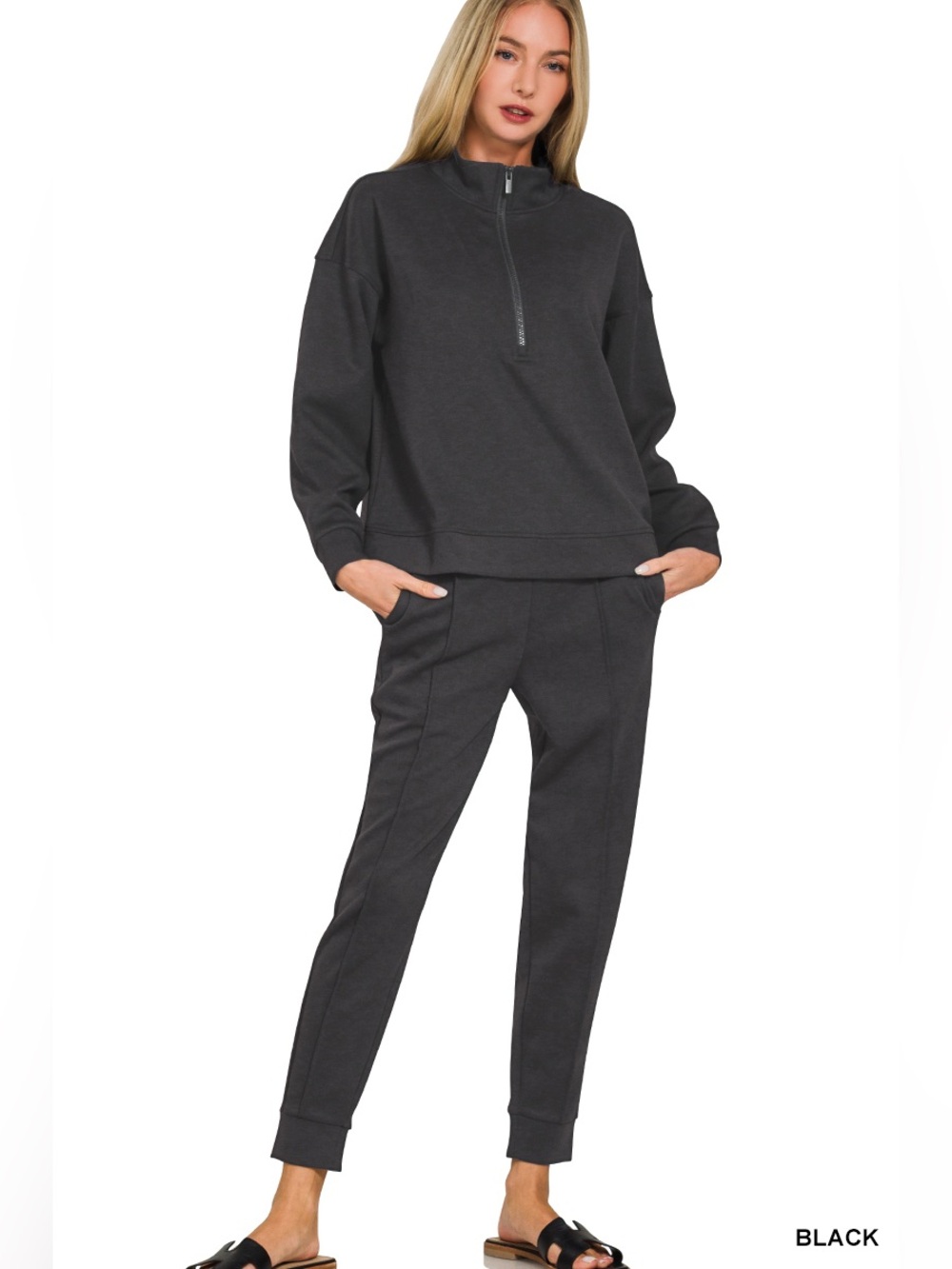 Zenana SCUBA HALF ZIP PULLOVER & PINTUCK JOGGER SET